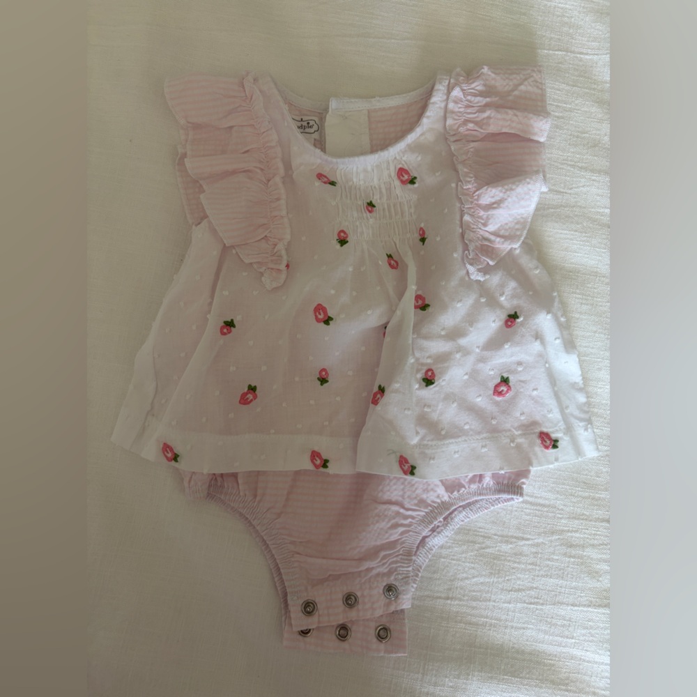 Mud Pie Pink and White Floral Ruffle One-Piece Bodysuit